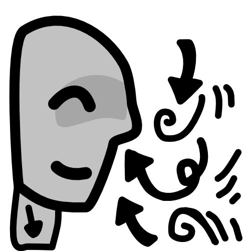A grey head seen from the side has arrows and spirals and swishy lines leading up to, and below its nose and in front of its mouth, on its neck is another arrow pointing down. The image has black line art.